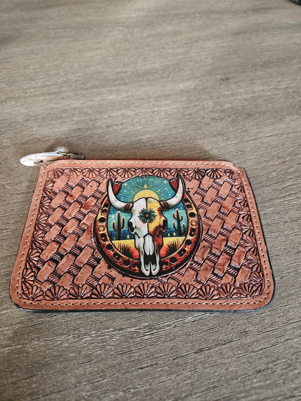 Western Tooled Leather Card Wallet in Tan with Skull Medallion - NWOT